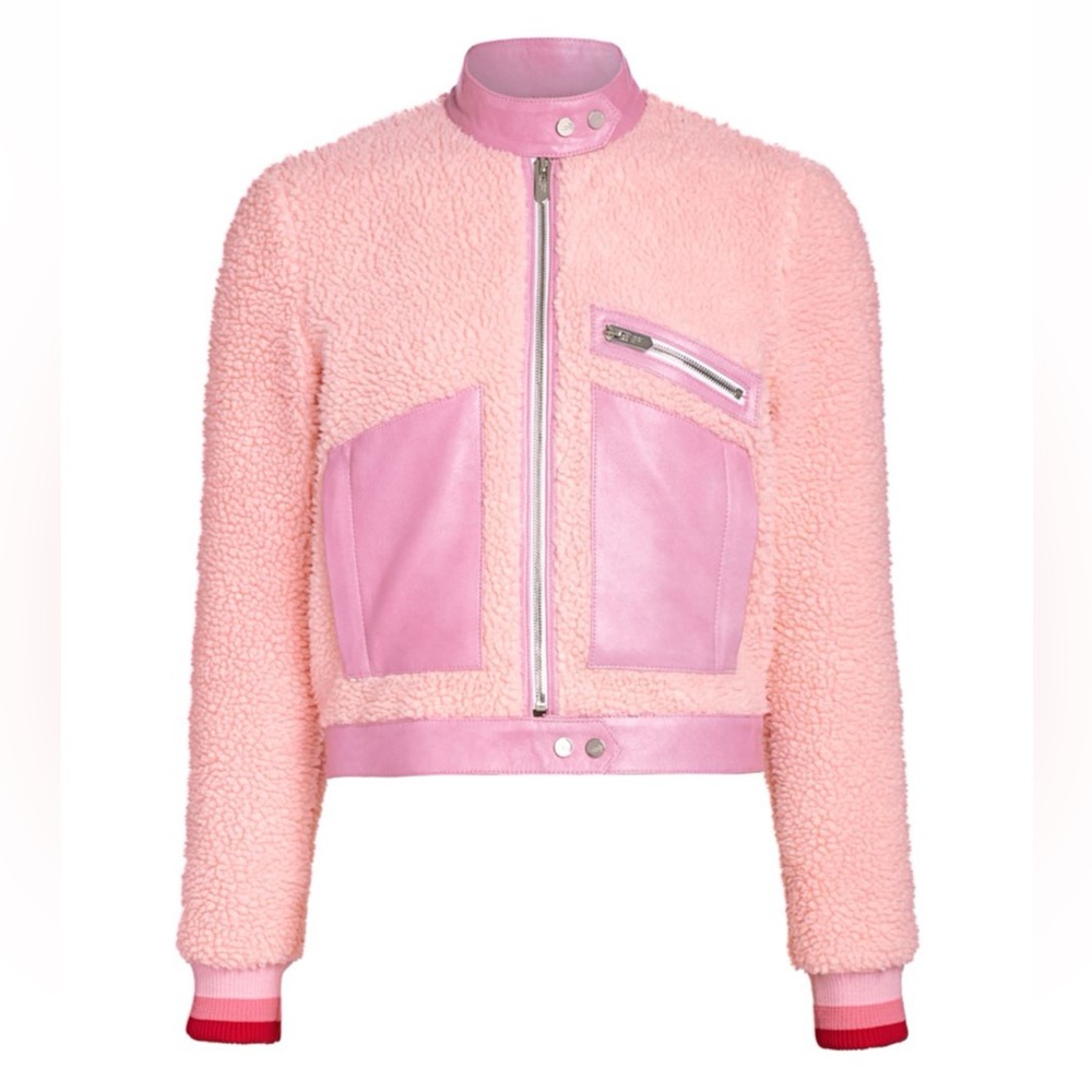 The Mighty Company Pink Faux Shearling Moto Jacket with Leather